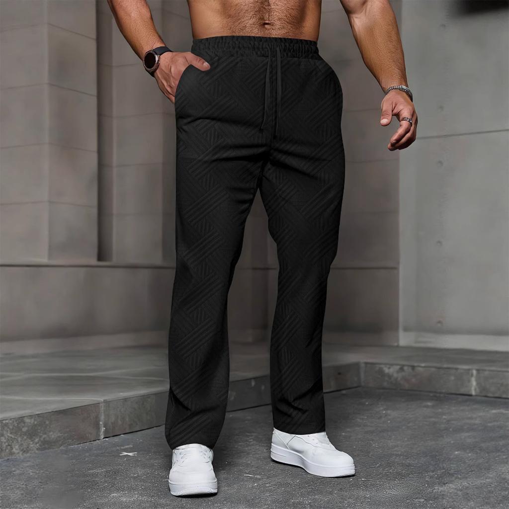 Men's Casual Jacquard Drawstring Loose Fit Solid Color Pocket Sports Pants Comfortable Elastic Waistband Activewear Bottoms