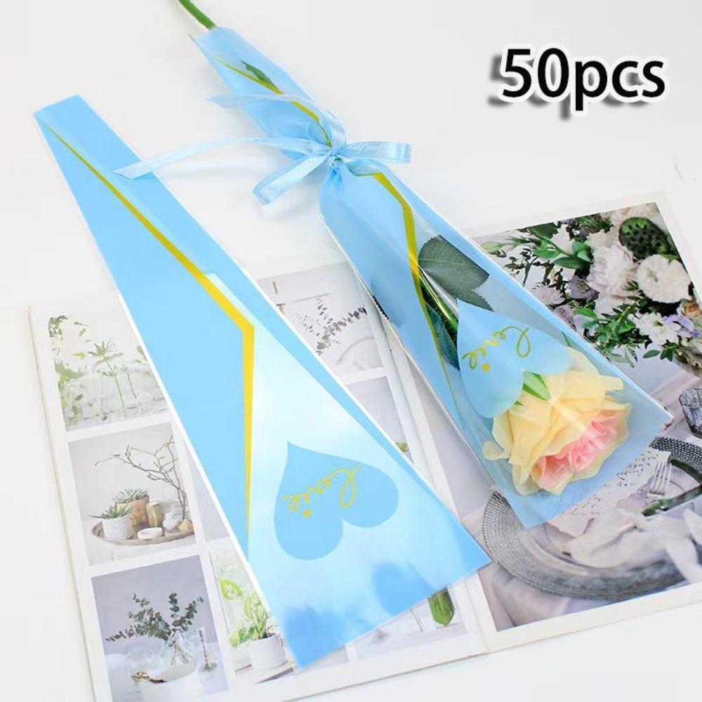 50pcs New Transparent Single Rose Sleeves DIY Waterproof Flower Wrapping Packa Love Heart Flower Packaging Bag