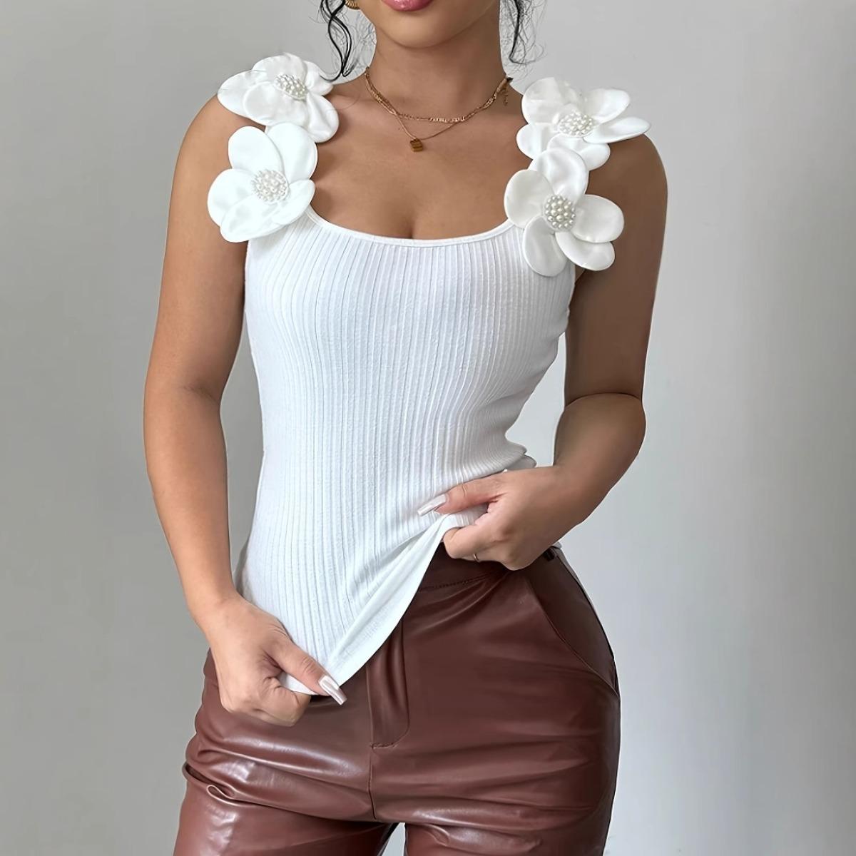 

New Elegant 3D Flower Knit Tank Top for Spring Summer European American Crossbody Women s Top S белый