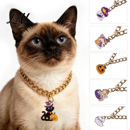 Halloween Themed Pet Accessories Chain Collar Metal Cat Collar with Witch Ghost Strong Necklace Pendant Festive Pumpkin Skull Charm for Cats