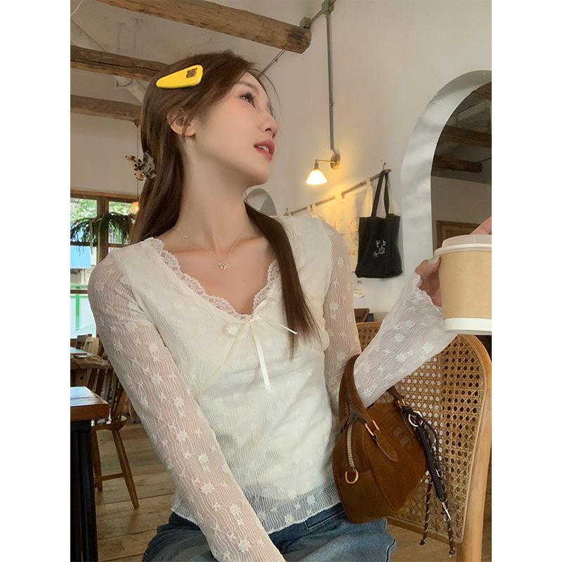 Pure Desire V-neck Bow Mesh Lace Long-sleeved Women's Autumn and Winter New Hot Girl Sexy Brushed Plus Velvet Top