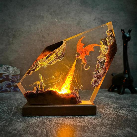 Epoxy Resin Dragon Lamp Handmade Flame Dragon Night Light for Bedside Living Room Collectible Gifts for Son Husband Boyfriend Fantasy Enthusiasts