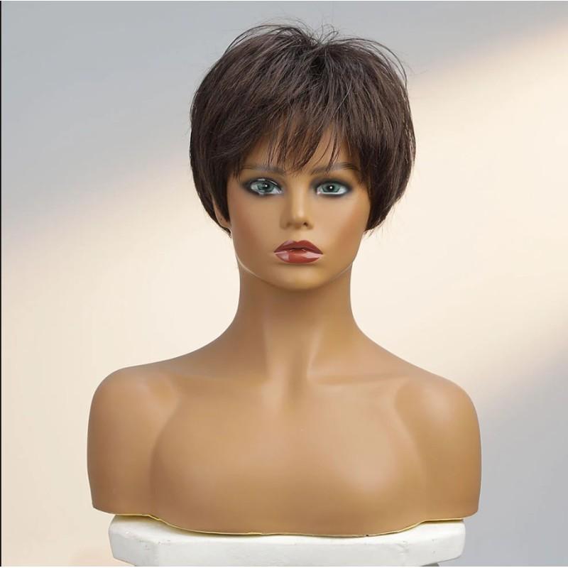 Synthetic Women Curly Natural Golden Brown Hair Short Wigs With Bangs Daily Use Party Cosplay Heat Resistant Fiber