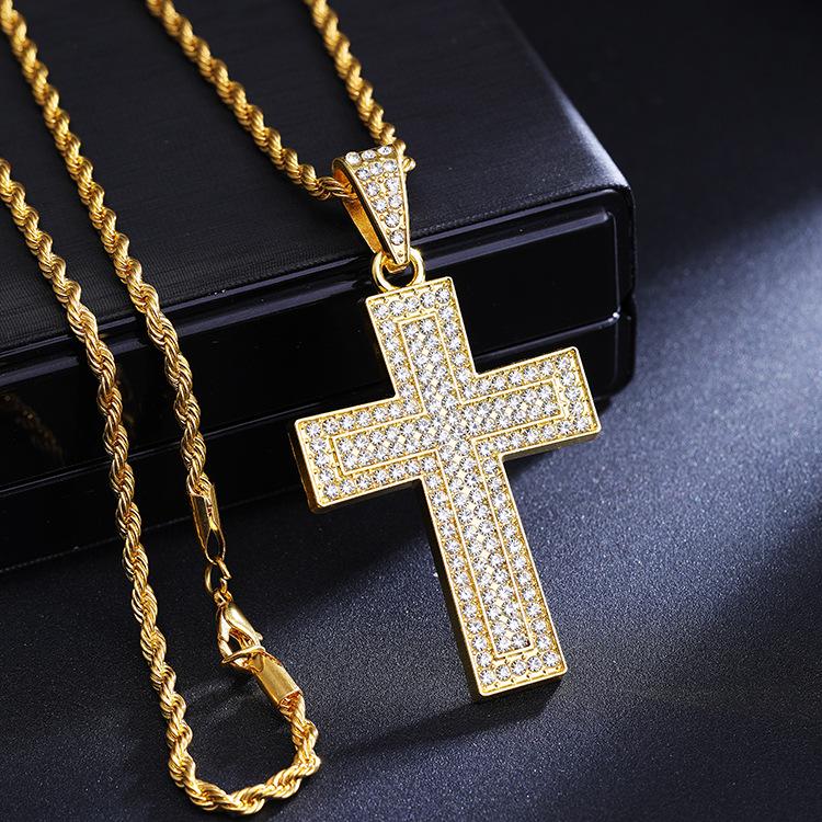 2026 Full Diamond Cross Pendant Necklace with 3.0 Titanium Steel Twisted Chain, European and American Long Style Sweater Necklace