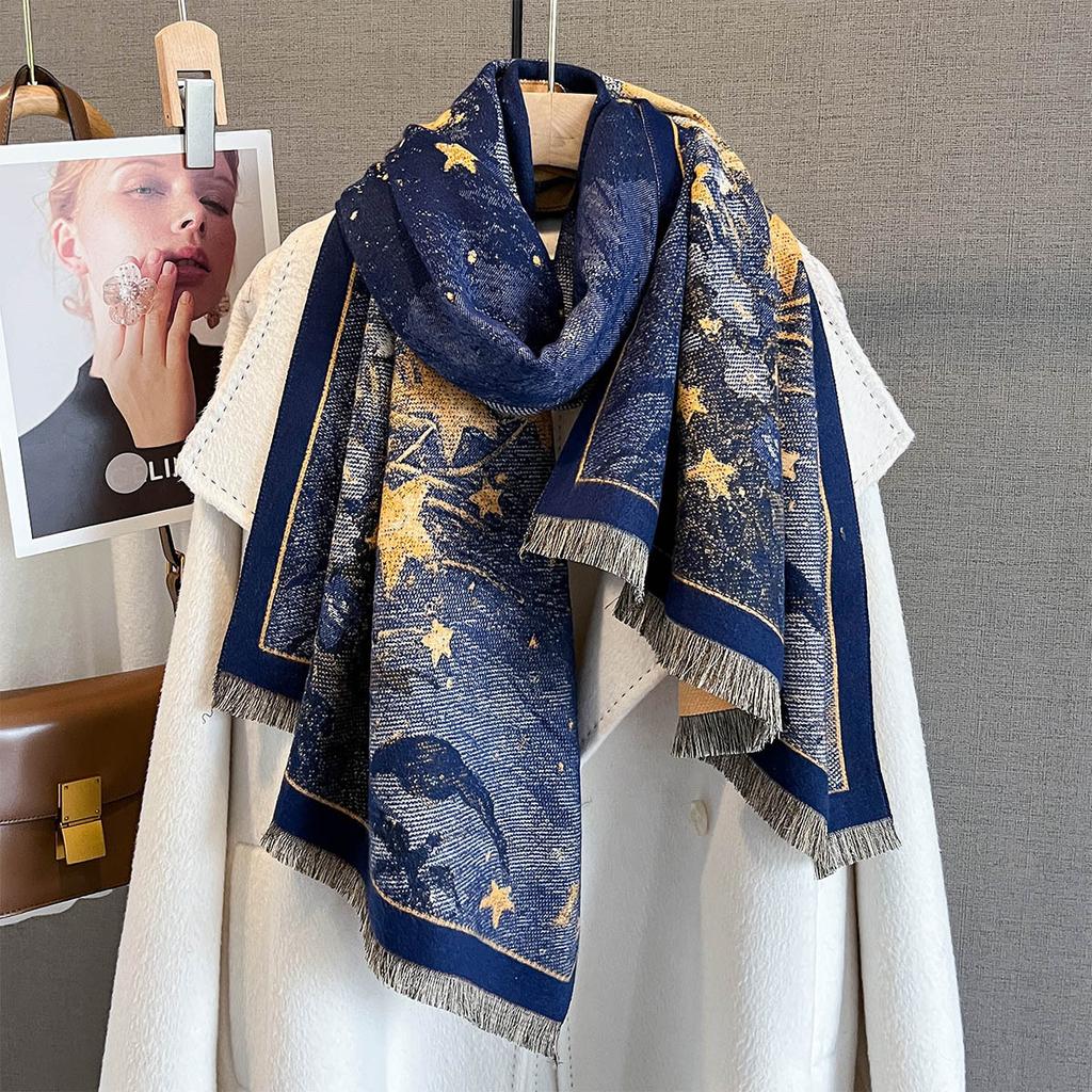 Autumn/Winter Warm Scarf 185*65cm Star Print Tassel Shawl Women's Imitation Cashmere Thickened Warps Coldproof Windproof Blanket