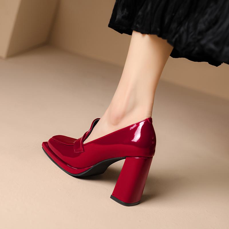 Spring New Square Headed Lacquer Leather Women's Single Shoes with Thick Heels Waterproof Platform Cover Feet  Shoes