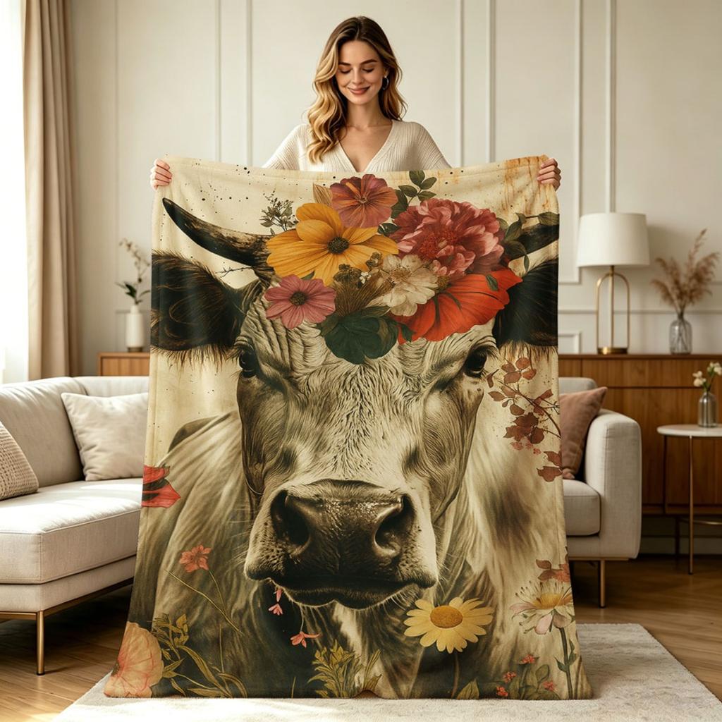 All Season Soft Flannel Blanket with Cow And Wild Floral Print Warm Cozy Throw Blanket for Sofa Couch Bed Office Living Room Home Decor