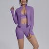 Seamless Yoga Workout Set Zip Jacket Sports Bra V-Waist Shorts Leggings Gym Fitness Outfit