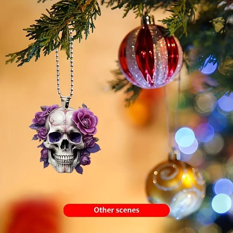 2pcs Gothic Style Skull & Roses Hanging Ornament - 2D Acrylic Car Rearview Mirror Decor - Versatile Halloween