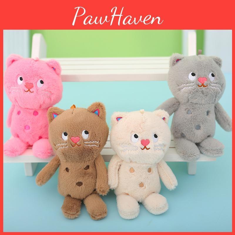 Fluffy Polka Dot Cat Plush Toy Keychain Available In Pink Grey Brown And Hues Cream