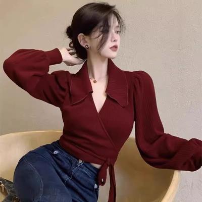 Women's Red Bottoming Shirt French Slim Pullover Turn-down Collared Top with Straps Ladies' Bubble Sleeves Chic Clothing