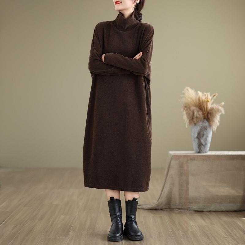Women's Plus Size High Neck Mid-Length Dress - Fashionable, Slimming, Casual Long Sleeve for Winter and Autumn