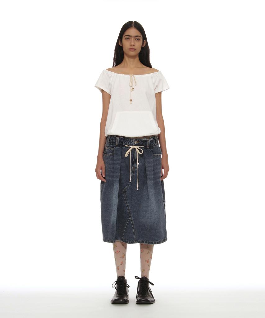 Partimento Woman Drawstring Denim Midi Skirt_Mid Blue