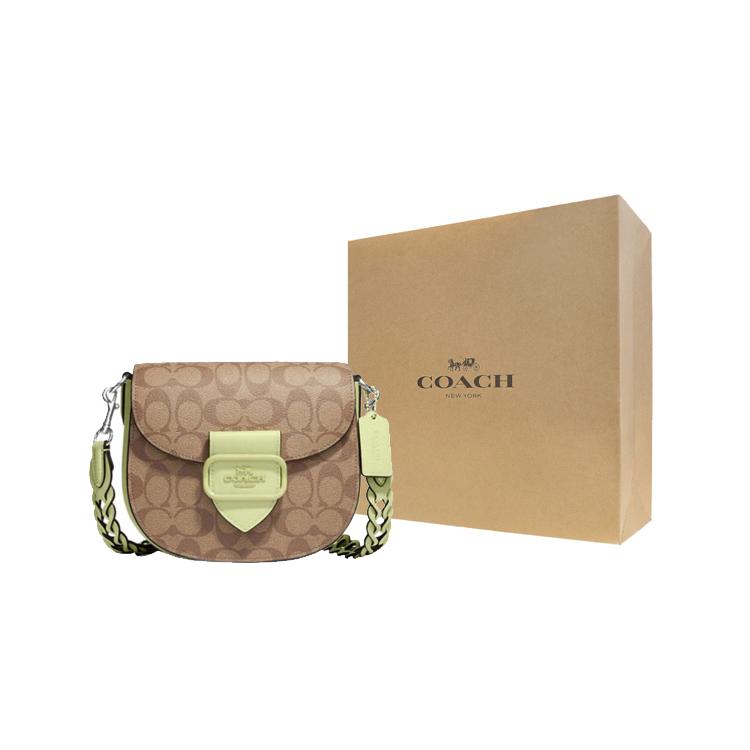 New COACH Morgan Coated Canvas With Leather Saddle Bag, Shoulder Bag, Crossbody Bag Trumpets Women's Brown & Green CJ615-SVUFH