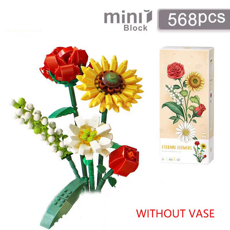 Romantic Rose Flowers Bouquet Building Blocks Sunflower Model Bricks Creative Desktop Decoration Kids DIY Toys Girls Gifts