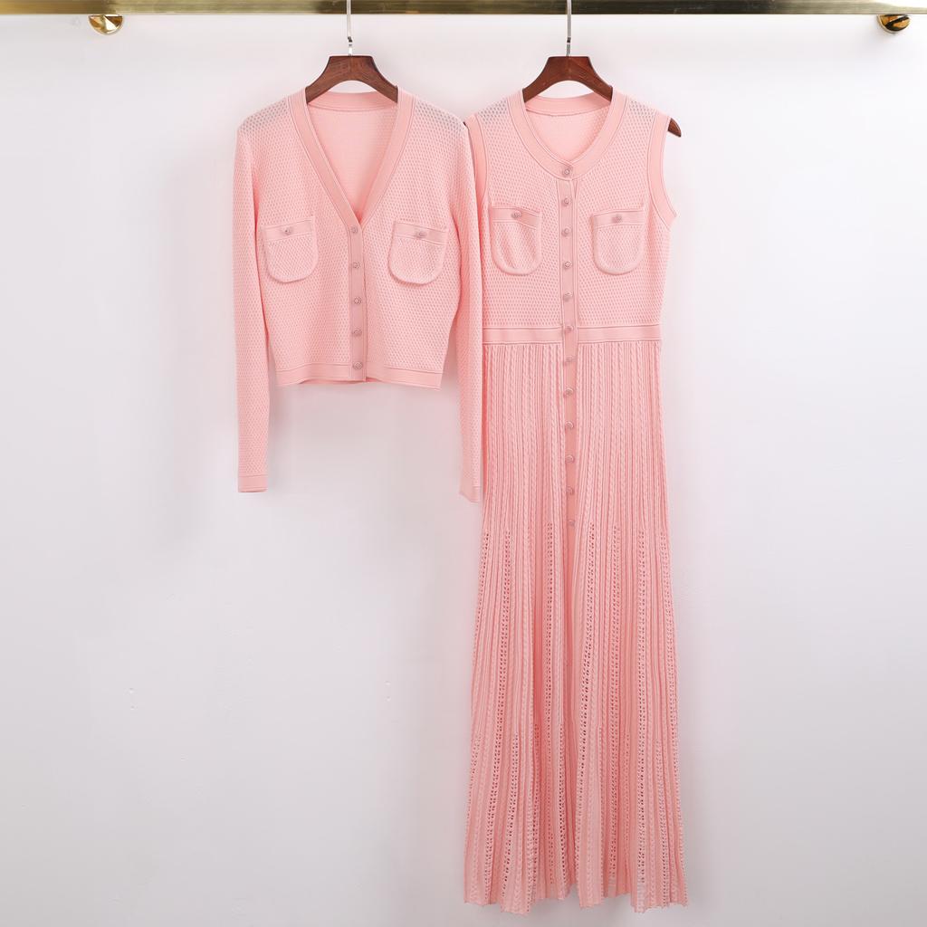 Cross-border spot new high-quality slim long-sleeved top knitted cardigan jacket + sleeveless dress set for women