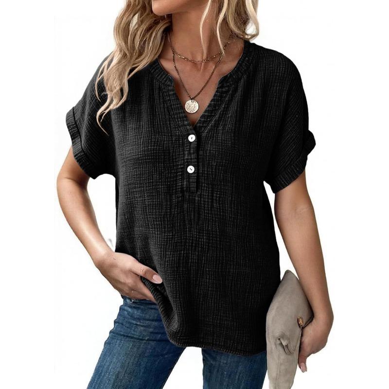 Womens Summer Casual V Neck Short Sleeve Button Blouse S