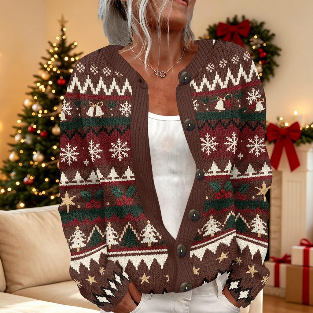 Damen Casual Christmas Print Langarm Offen Vorne Strickjacke Jacke für Herbst und Winter
