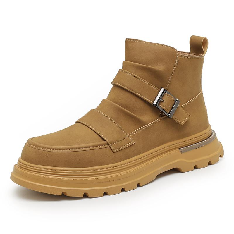 WAERTA Autumn Winter Thick Base Mid-Top Boots Men’s British Trend Boots High-Top Korean Casual Shoes Motorcycle Boots for Men