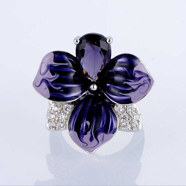 Hecheng Enamel Butterfly & Flower Cloisonné Ring for Women - European & American Style with Diamond Highlights