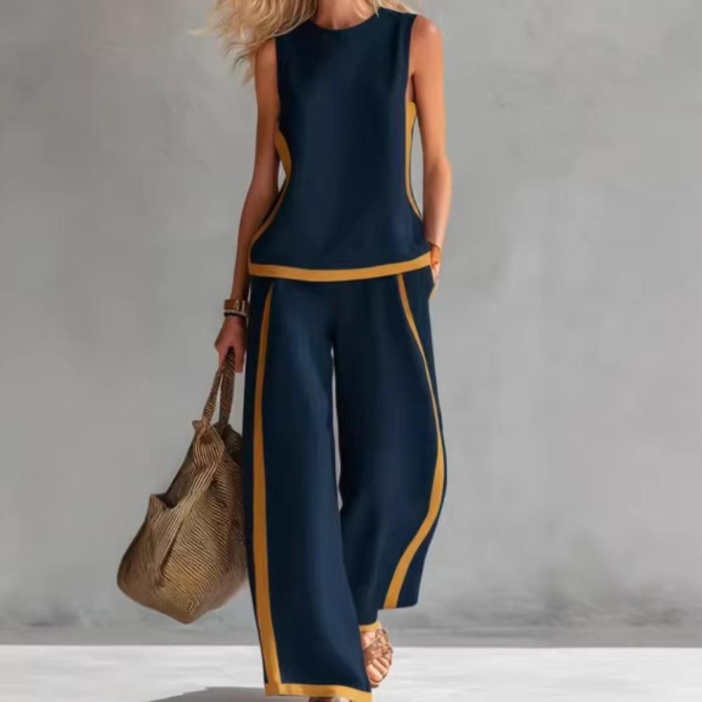 Color Block 2 Piece Outfit, Women Round Neck Sleeveless Tank Top & Wide Leg Pants Set