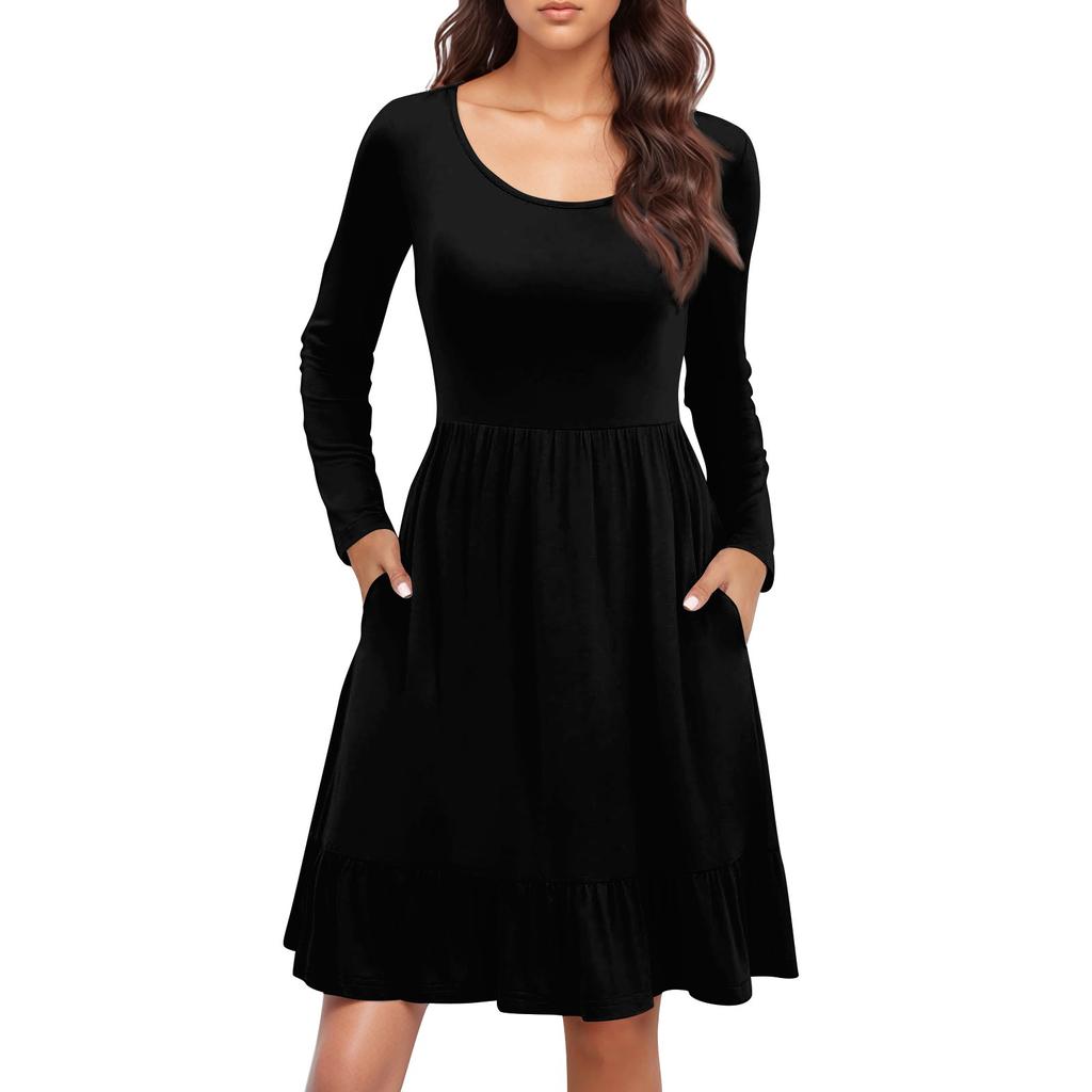 Ladies' Casual Round Neck Long Sleeved Dress Color Loose Waist Pleated Dress