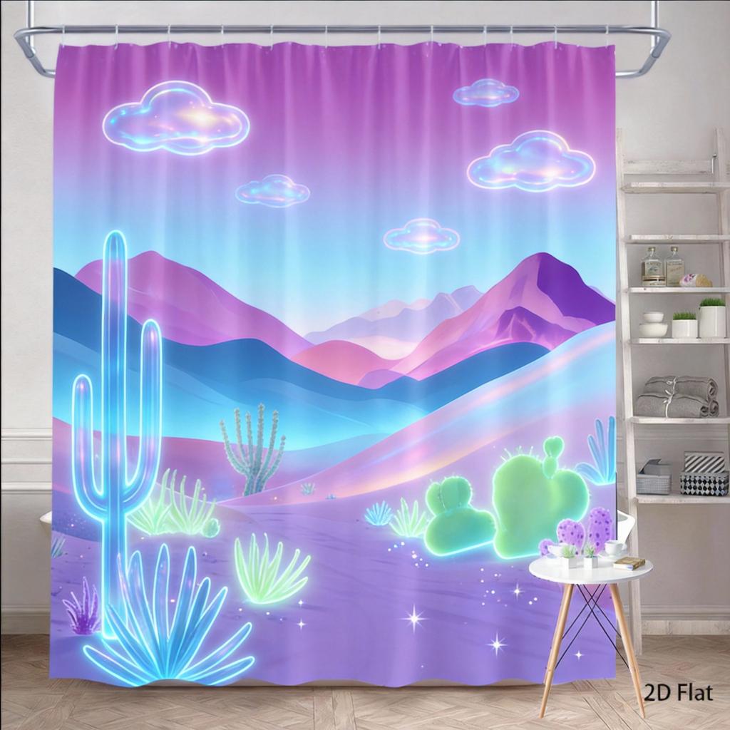 Cactus Shower Curtain 180x180cm – Desert Mountain Scene with Vibrant Flora, Southwestern Bathroom Decor, 12 Hooks