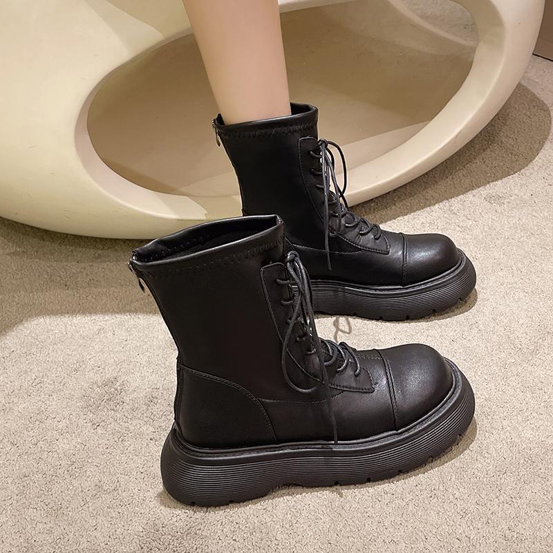 short Boots Women's  New British Style Thick-soled Fly-woven Elastic Boots Mid-heel Thin Boots Ins Thin Boots Shoes High
