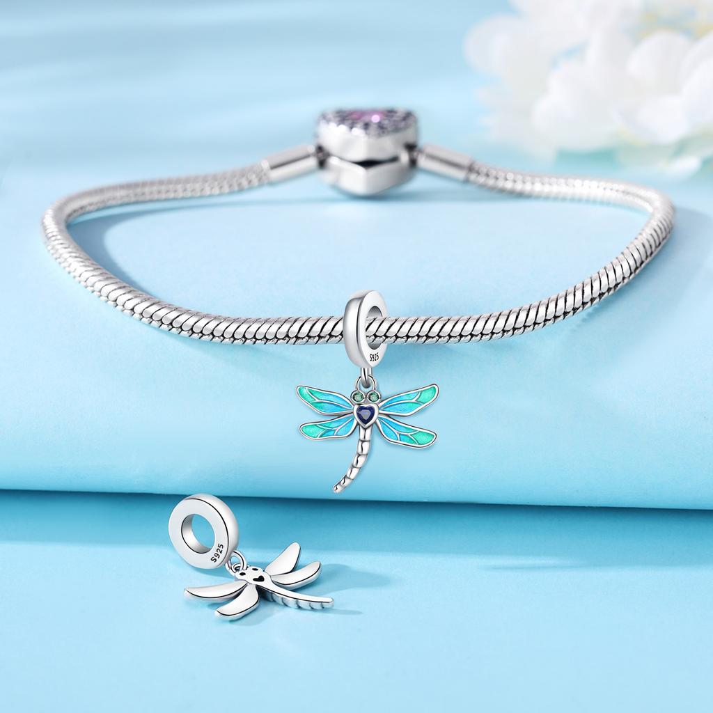 Copper Blue Gradient Dragonfly Pendant Bracelet Charms Fit Bangle For Women Jewelry Party Beads Gifts Diy Accessory