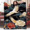 1pc Japanese-Style Crane & Floral Printed Blanket 60x80 Inch - Single-Sided Dark Background Design, 100+ Thread Count All-Season