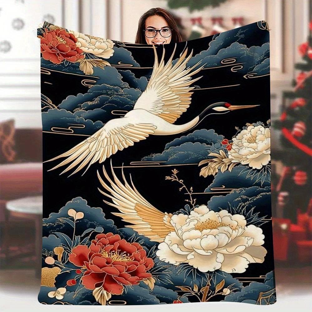 

1pc Japanese-Style Crane & Floral Printed Blanket 60x80 Inch - Single-Sided Dark Background Design, 100+ Thread Count All-Season 70x100cm28x39in