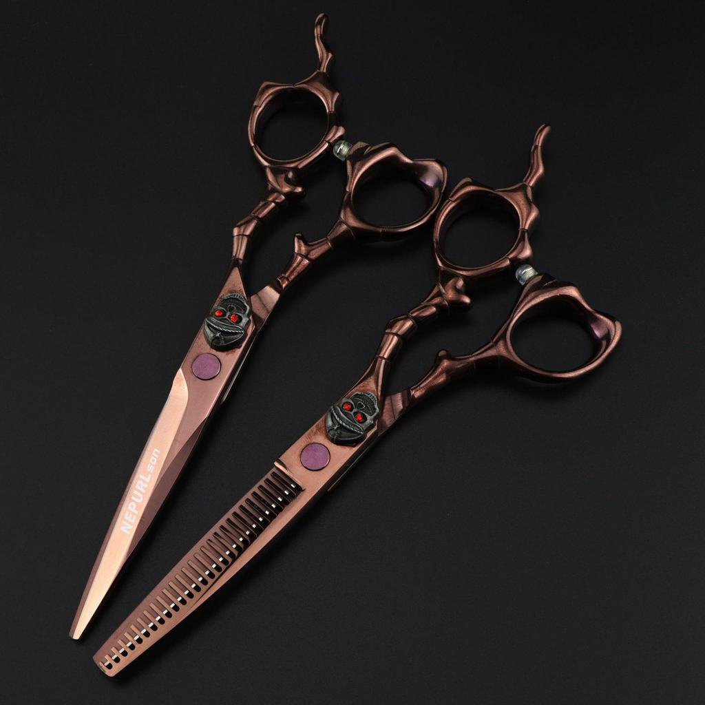 6.0-Inch Antique Bronze Gold Skull Handle Haircutting & Thinning Scissors Set
