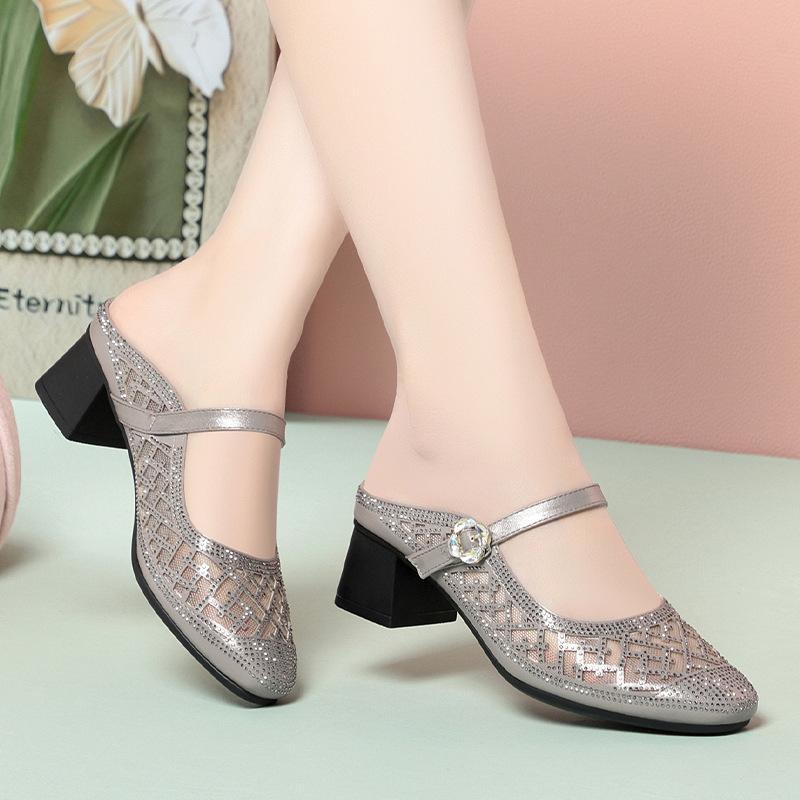 4.5cm Breathable Comfortabel Round Head Mesh Mules Women's Shallow Slippers 2025 Summer Med Block Heels Slides for Office Mom