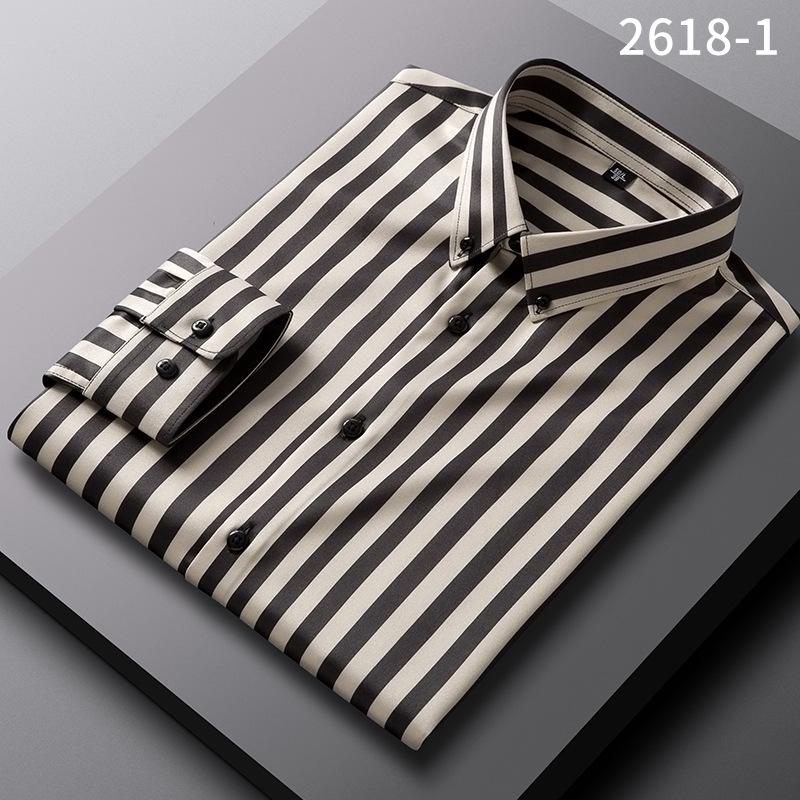 Men's Spring Easy-Care Striped Long Sleeve Stretch Slim Fit Shirt - Iron-Free Business Wear