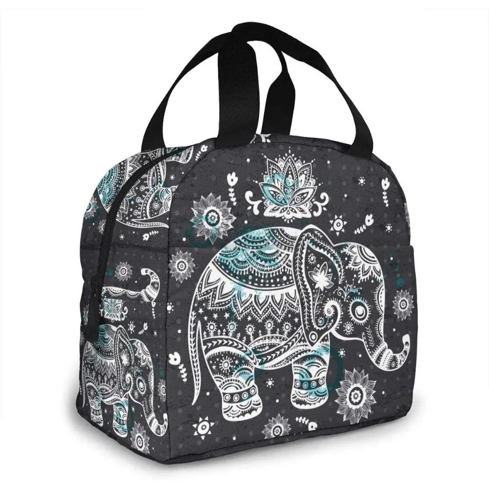 Indian African Lotus Ethnic Elephant Lunch Bag Insulated Lunch Box Cooler Tote for Picnic Camping Work Travel