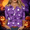 Women V Neck Three Quarter Sleeve Button Down Halloween Printed Casual T Shirt Top for Holiday and Daily Wear
