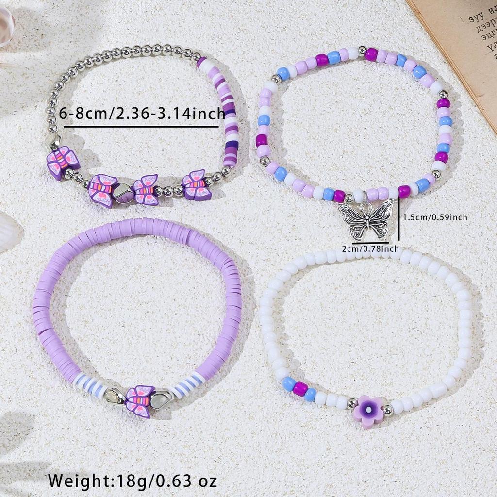Purple Butterfly Flower Beaded Bracelet - Women's Bohemian Multi-layer Stackable Hand Jewelry.