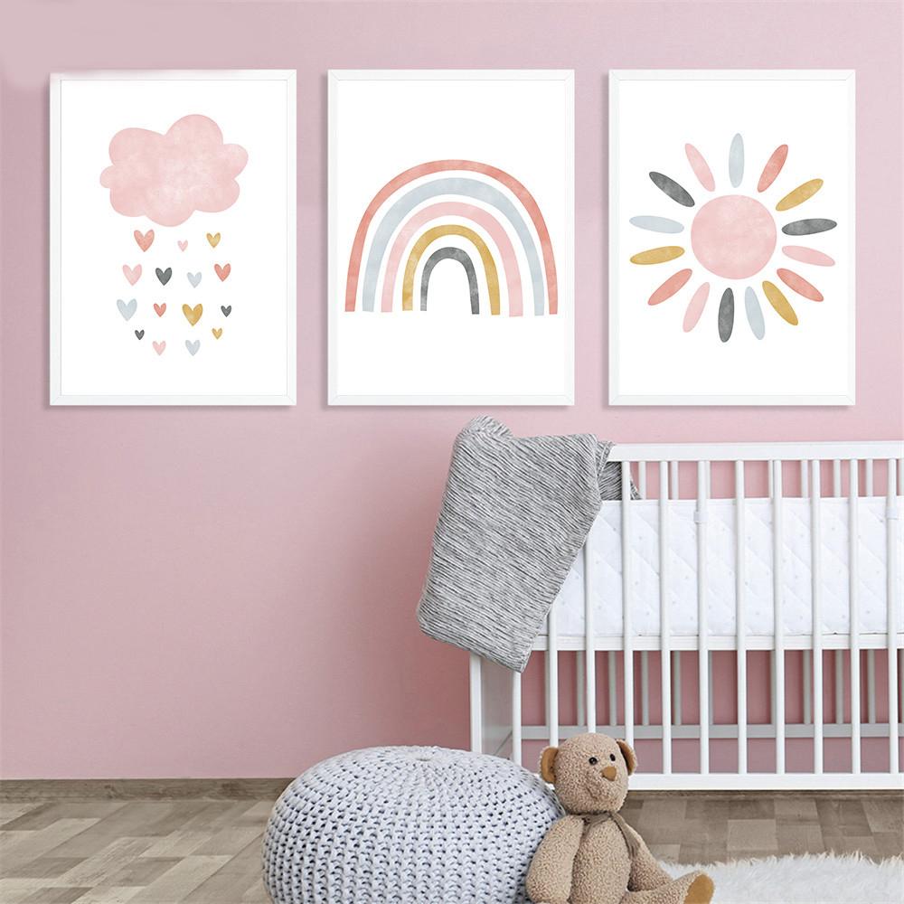 Child Canvas Print Pink Cartoon Cloud Sun Rainbow Wall Art Painting Nursery Poster Nordic Wall Pictures For Baby Kids Room Decor