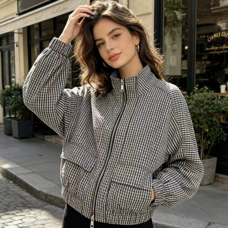 Womens Oversized Neutral Trench Coat Black White Plaid 2026 Loose Fit Stand Collar Zipper Long Sleeve