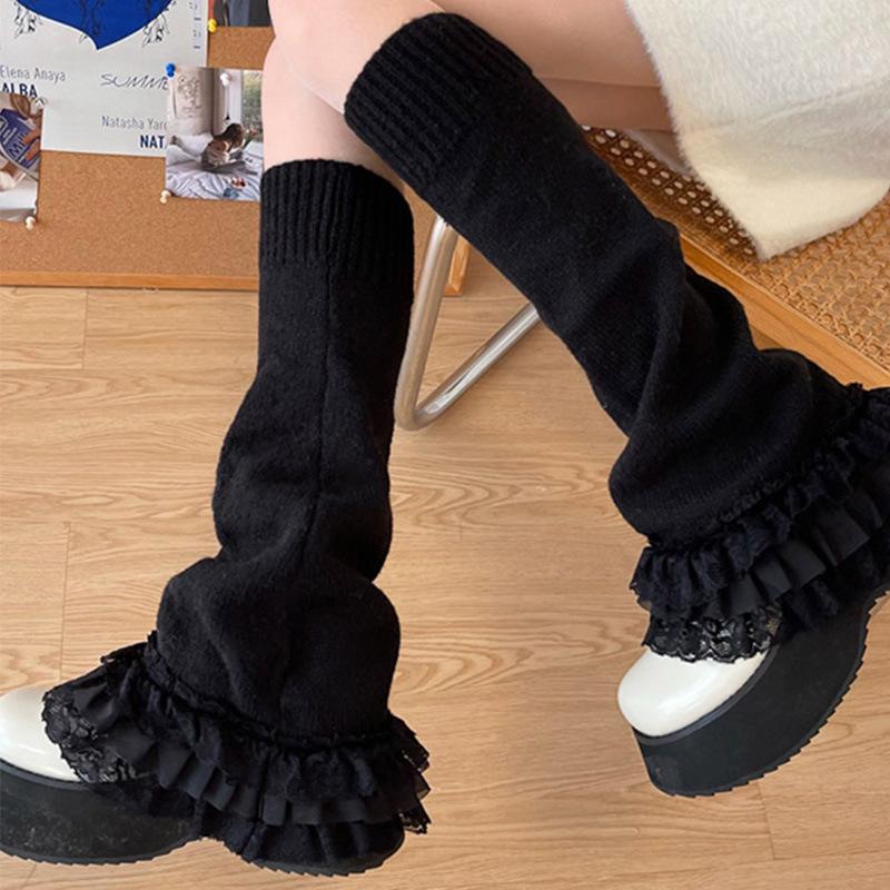 Multi-layer Lace Trim Flared Y2K Sexy Lolita Cute Girl Soft Mid-Calf Breathable Daily Solid Color Polyester Knitted Leg Warmers