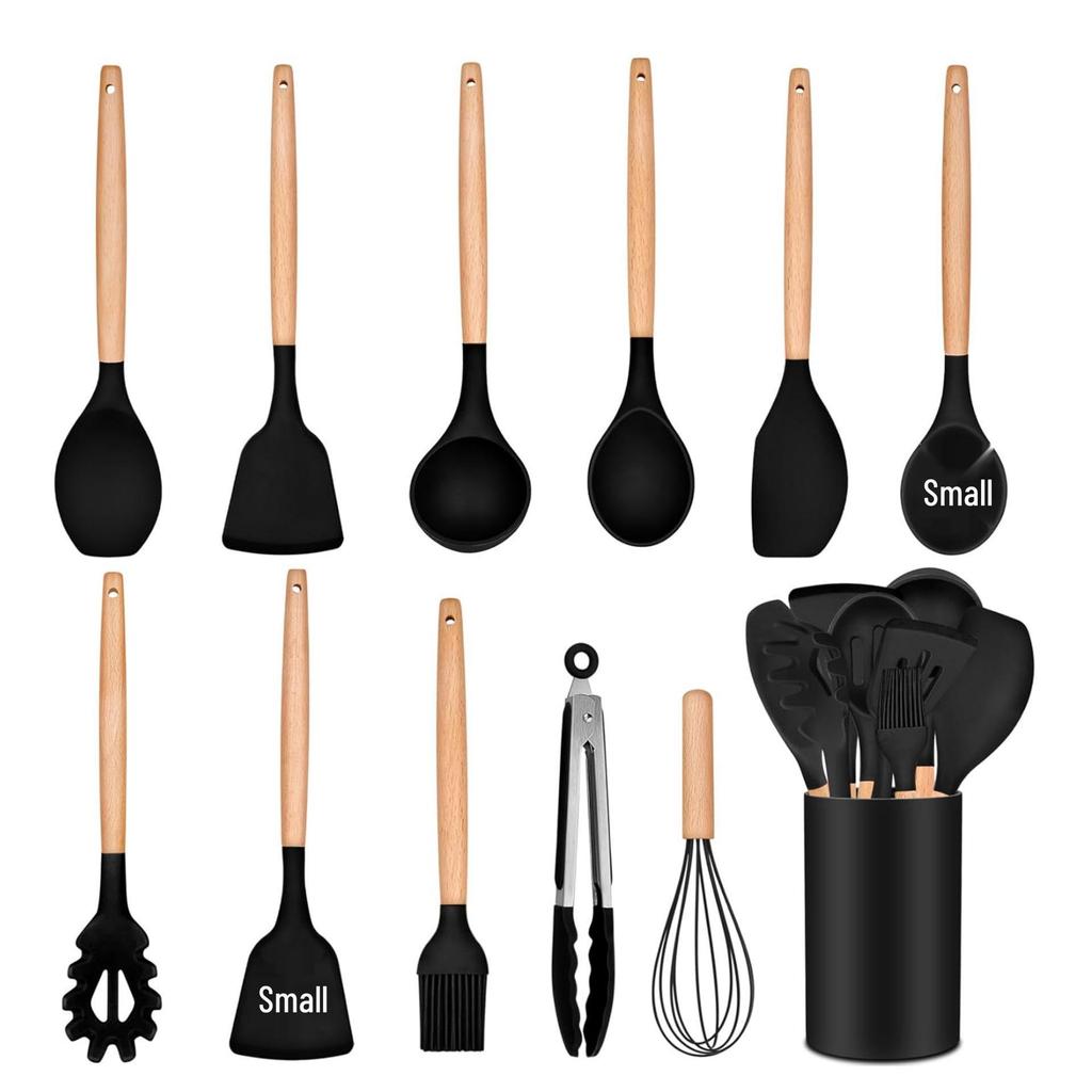780g Silicone Kitchen Non-Stick 12-Piece Cookware Set with Wooden Handle Spatula Turner, Barrel Packaging