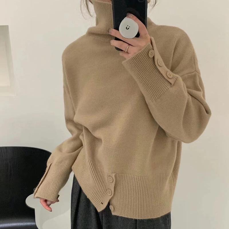 

Пуловер с высоким воротником для женской осени и зимы, новый свободный, мягкий, восковой, ленивый стиль, трикотажный топ-свитер с длинными рукавами для женщин one size fits all хаки
