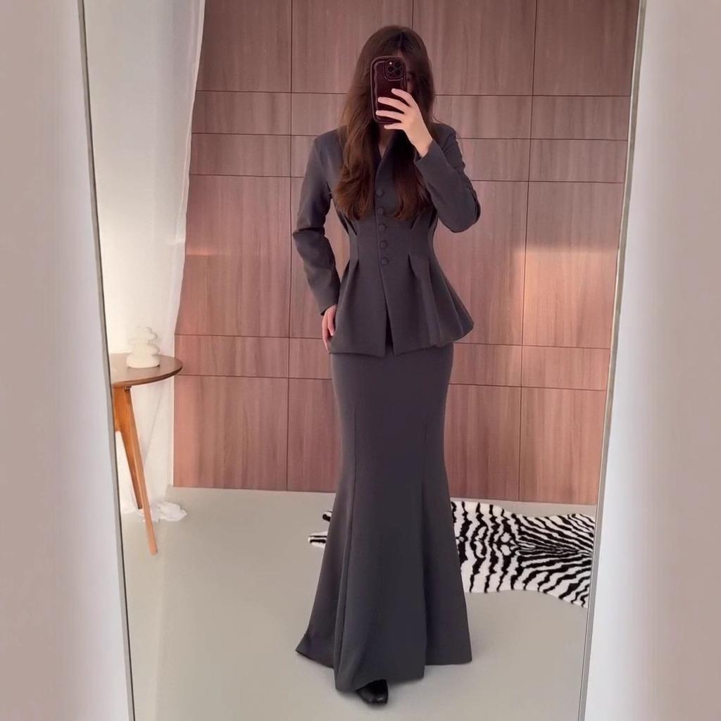 Cross-border European and American Autumn New Cardigan Button Suit Socialite Long-sleeved Top Hip Skirt Women's Clothing