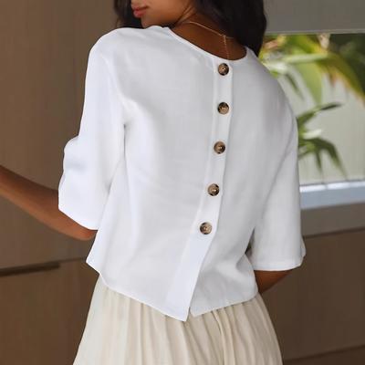 Summer Retro Ethnic Style Loose Round Neck Button White Shirt Top for Women European American Crossbody Casual Blouse