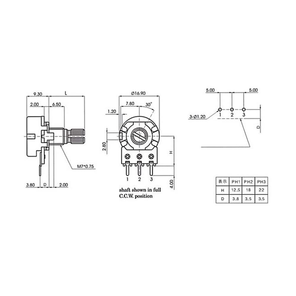 5PCS  20MM 6Pin Taper Rotary Potentiometer Carbon Film Resistors WH148 1K/2K/5K/10K/20K/50K/100K/250K/500K/1M Ohm Potentiometers