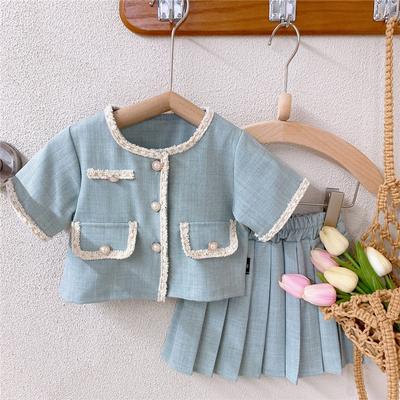 Korean Girl Lace Fashion Suit Spring Summer New Baby Kids Short Sleeve Top Jacket + Pleated Skirt Two Piece Set Children Clothes