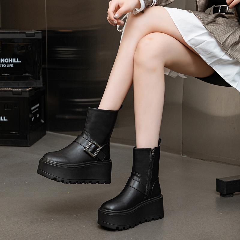 Thick-soled retro Martin boots women's shoes 2025 fashion simple and versatile height increase 8cm casual mid-tube boots trend
