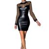 Black Dress European and American Nightclub Sexy Gyaru Mesh Patchwork Leather Fashion Tight Black Dress Women