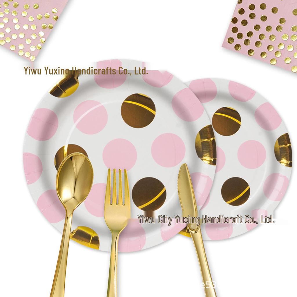 Polka Dot Pink Party Disposable Tableware Set: Plates, Knife, Fork, Spoon, and Cups