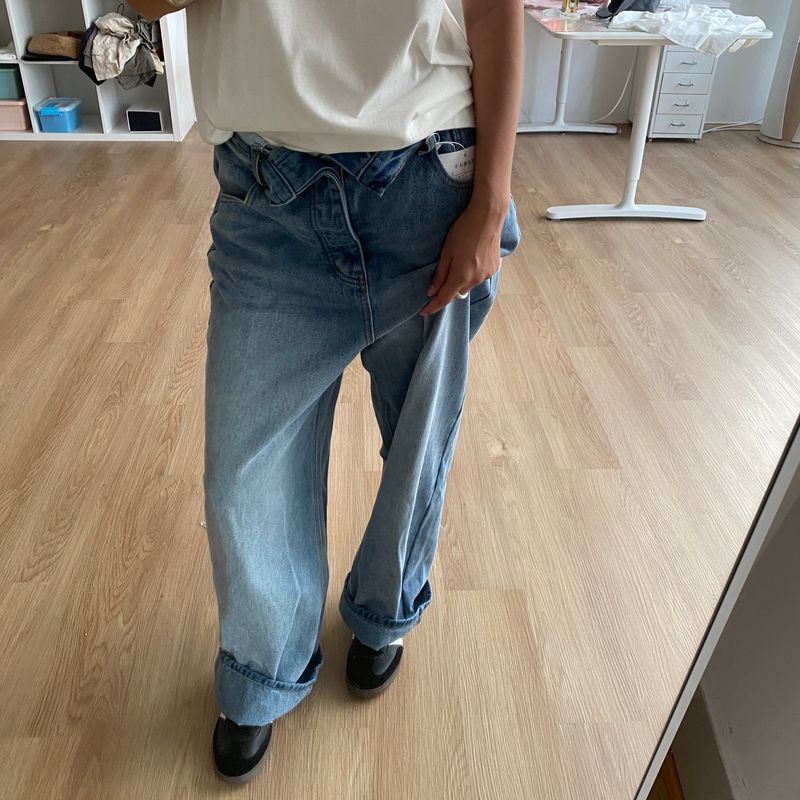 

LLD Stylish Loose Loose Wide Leg Cloth Bag Pants Straight-leg Denim Women s High Waist Retro Trendy High Street Pants Light blue L